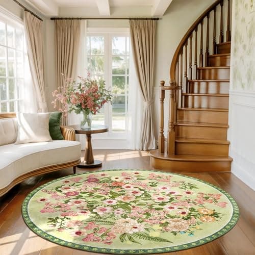 AREAMAY Floral Washable Round Area Rug - 6x6 Round Rugs Living Room Rug Soft Non-Slip Low Pile Large Indoor Accent Circle Carpet for Closet Bedroom Dining Room Home Office Nursery, 6ft Green - Image 1