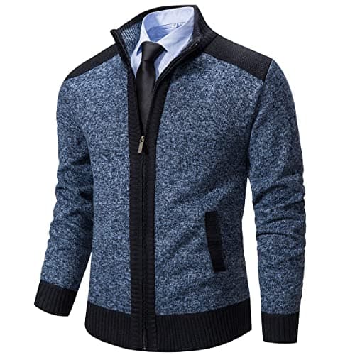 Msmsse Mens Casual Stand Collar Cardigan Zip Up Cable Knitted Sweater with Pockets Blue Grey 2XL - Image 1
