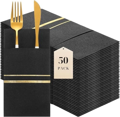 50Pack Cloth-Like Hand Napkins, Linen Feel Dinner Napkins with Flatware Pocket for Weddings, Parties & Holidays(Black) - Image 1
