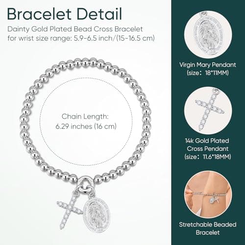 14K Gold Plated Bead Cross Bracelet, Virgin Mary Cross Bracelet for Women, Dainty Stretch Bead Bracelet, Religious Jewelry for Catholic Baptism Confirmation Easter Gifts(Catholic Confirmation-Silver) - Thumbnail 5
