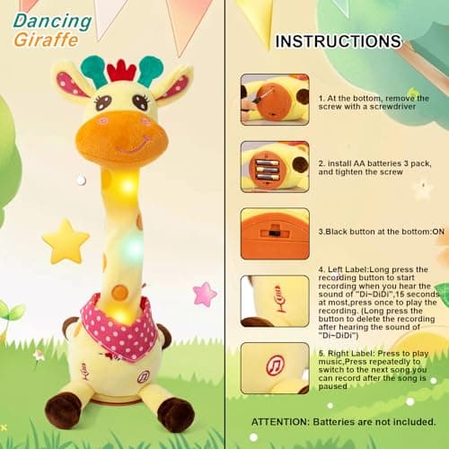 Emoin Dancing Talking Giraffe Baby Toy, Adjustable Volume Baby Giraffe Toys Singing 10 Children's Songs Singing Mimicking Recording Repeating What You Say for Toddlers - Thumbnail 3