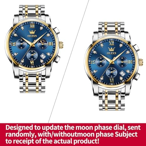 OLEVS Watch Men Silver Stainless Steel Blue and Gold Mens Watches Luminous Waterproof Moon Phase Watches for Men Big Face Chronograph Analog Quartz Wrist Watch for Man Luxury Reloj de Hombre - Thumbnail 2