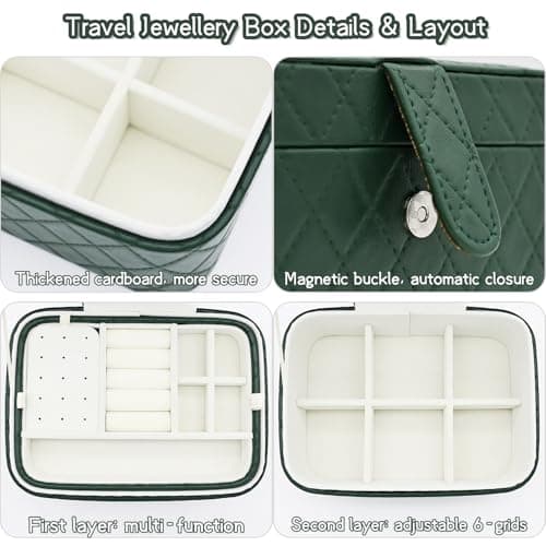 Cuifdem Jewelry Travel Case, 2-Layer Jewelry Box Organizer Medium Jewelry Travel Box, Portable Faux Leather Jewellery Storage Boxes with Argyle for Women, Daily Jewellery Case Home Use (Dark green) - Thumbnail 3