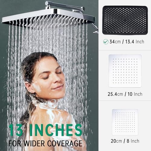 13-Inch Shower Heads with Multi-Function Handheld Sprayer Combo, 3-Way Metal Extended Diverter with Holder and Metal Adjustable Shower Extension Arm, Extra Long Hose(Chrome) - Thumbnail 3