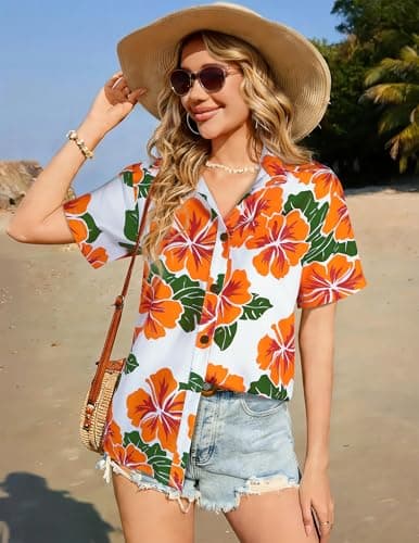 LILYCHIC Womens Floral Hawaiian Shirts Tropical Button Down Short Sleeve Summer Beach Tops Vacation Outfits - Thumbnail 4