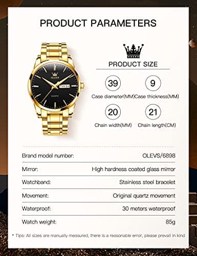 OLEVS Watch Men Gold Stainless Steel Black Watches for Men Luxury Large Face Analog Quartz Mens Watches Waterproof Classic Dress Wrist Watch for Man Day Date Casual Reloj para Hombre - Thumbnail 6