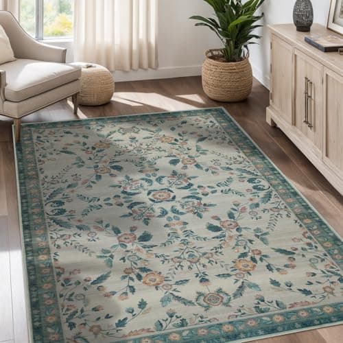 Dotiiorug Vintage Washable Area Rug for Living Room,Low Pile 5x7 Non Slip Carpet Non-Shedding Area Rug Soft Indoor Stain Resistant Rug Floral Print Mat for Bedroom Dining Room 089-Green - Thumbnail 3