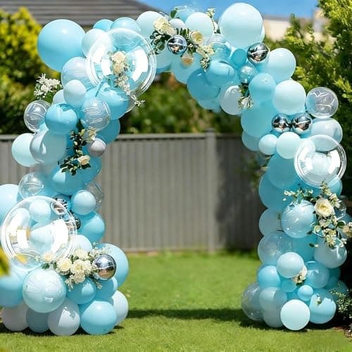 Blue Silver Balloon Arch Double Stuffed Pastel Baby Blue Metallic Balloon Garland Kit Clear Bobo Balloons for Birthday Baby Shower Gender Reveal Bridal Easter Party Decorations - Image 1