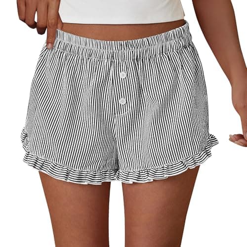 PRETTYGARDEN Womens Boxer Shorts Y2K Ruffle Pajama 2026 Summer Spring Lounge Sleep Striped Casual Beach Pj Bottoms Pockets (Striped Black White,Large) - Image 1