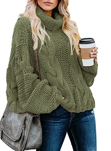 Dokotoo Womens Winter Outifits Fall Warm Chunky Turtleneck High Neck Balloon Long Sleeve Cable Knit Chunky Sweater Pullover Jumper Green Small - Image 1