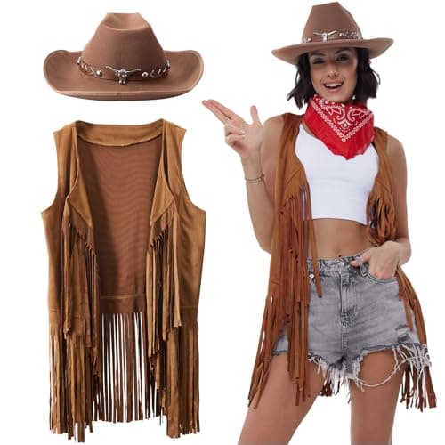 PARTTELY Western Cowgirl Outfits for Women, 70s Hippie Costume Cowgirl Tassels Fringe Vest, Cowboy Hat for Women, Bandana - Image 1