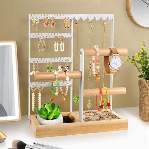 Godboat Jewelry Organizer, 4-Tier Earring Holder Organizer with 48 Holes, 6 Hooks Necklace Rack, Bracelet and Ring Stand with Wood Box, Gifts for Mothers Mom Women, Preppy Stuff & Room Decor, (White) - Thumbnail 3