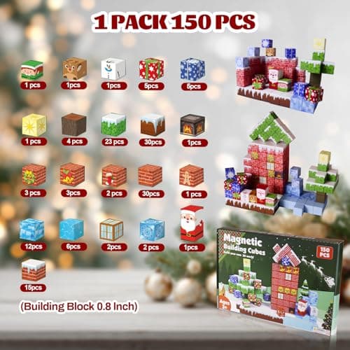 Magnetic Blocks - 150 PCS Magnets Block Sensory Educational Interactive Building Toy Set for Toddlers Kindergarten Creative STEM Learning Gift, Magnet 0.8in Tiles Construction Suit, Snow and Christmas - Thumbnail 6