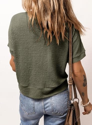 Dokotoo Button Up Tops for Women Trendy Fashion 2024 Waffle Knit Green Blouse Dressy Casual V Neck Tee Top Loose Fit Boyfriends Jacket Short Sleeve Solid Color Cute Summer Shirts Small - Thumbnail 2