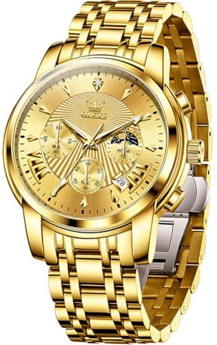 OLEVS Watch Men Gold Watches for Men Luxury Mens Watches Dress Wrist Watch for Man Wateproof Analog Quartz Stainless Steel Large Face Chronograph Moon Phase Date Luminous Golden Reloj para Hombre