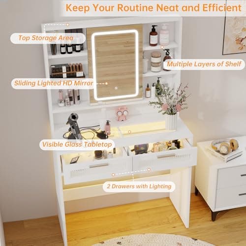 Hadulcet White Vanity Desk with Mirror and Lights, 35.5" Small LED Makeup Vanity Desk with 2 Acrylic Drawers, 6 Storage Shelves and Power Outlets for Girls Women Bedroom Dressing Room - Thumbnail 4