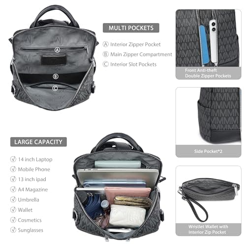 VANSARTO Backpack Purse for Women Vegan Leather Travel Backpack with Wristlet, Designer Convertible Shoulder Bag Satchel Handbag, Lightweight Fashion Backpack with Wide Strap (Black) - Thumbnail 5