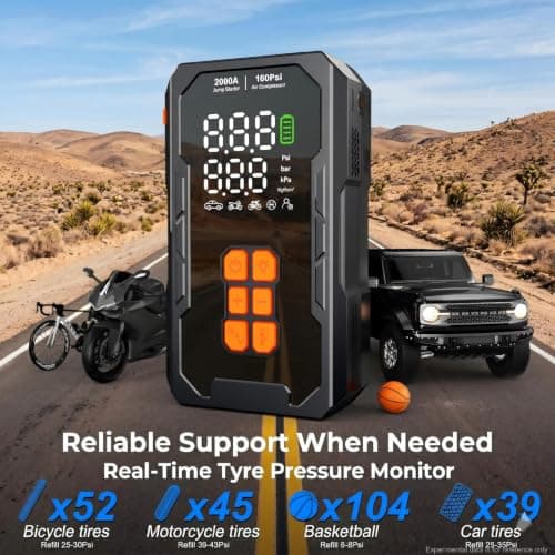 Jump Starter with Air Compressor 160PSI, 12V Car Battery Jumper Starter Portable (8.0L Gas/6.0L Diesel), Car Battery Charger Jump Box Cables with Auto-Shutoff Tire Inflator and LED Light, Black - Thumbnail 3