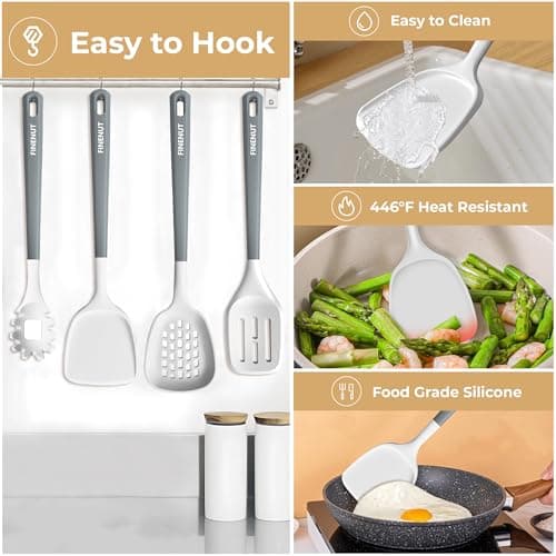 FINENUT Silicone Cooking Utensils Set 11PCS-BPA-Free-446°F Heat Resistant,Kitchen Tools for Nonstick Cookware,Heat Resistant&Scratch-Proof Includes Spatula/Turner/Spoon Dishwasher Safe(White And Gray) - Thumbnail 2