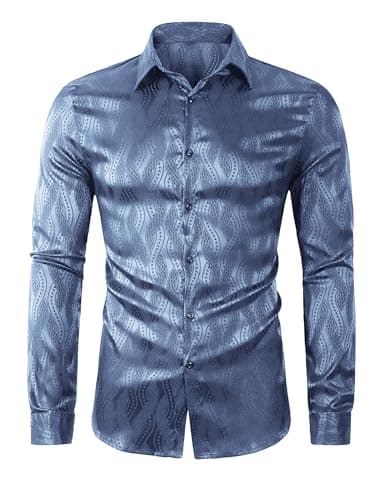ZAFUL Mens Long Sleeve Shirts Button Up Solid Casual Jacquard Business Formal Silky Dress Shirt Blue S