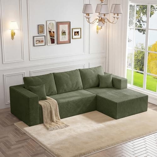 92.5" Modular Sectional Sofa, L-Shape Cloud Couch with Deep Seats & Chaise, 4-in-1 Covertible Corduroy Boneless Couches for Living Room, Bedroom, No Need Assembly - Green