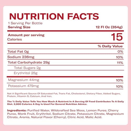 Cherry Aronia Sea Moss Electrolyte Lemonade – Fruit Hydration Drink – No Added Sugar with Sea Moss & Electrolytes – 4 x 12 fl oz Bottles – Made in USA - Thumbnail 2