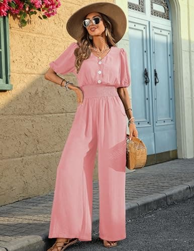 LOOKBOHO Womens Jumpsuits Dressy Puff Smocked High Waist Short Sleeves Wide Leg Rompers Formal V Neck One Piece Pink XL - Thumbnail 2