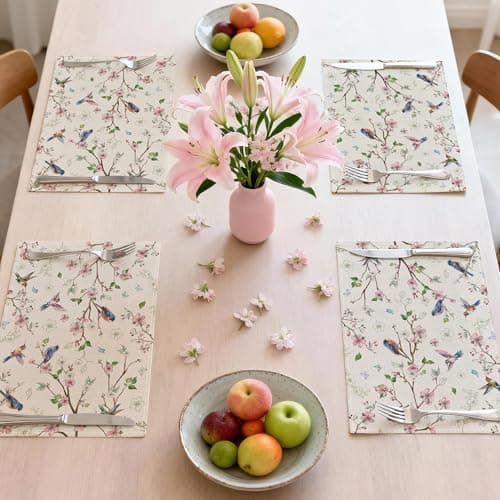 Cusugbaso Spring Placemats Set of 4 12x18 inch for Dinning Table - Floral Bird Branch Spring Decor for Party, Dinner - Farmhouse Seaosonal Table Mats Floral Decroations for Home - Thumbnail 6