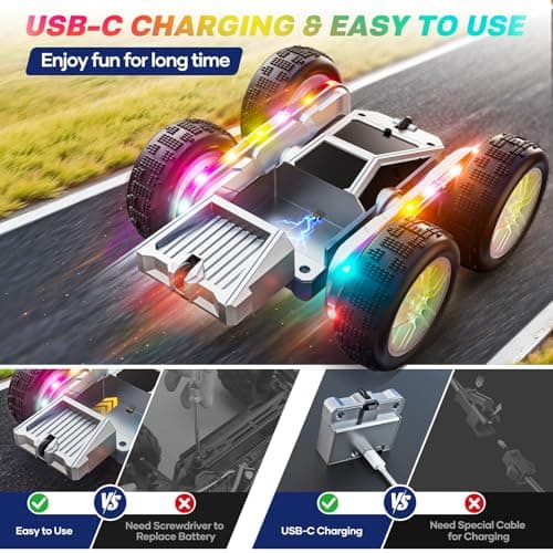 WayEee Remote Control Car for Boys 4-7, 360° Flips Rotating RC Stunt Car with Type-C Charging and LED Lights Strips, 2.4 GHZ Double Sided All Terrain 4WD RC Cars for Girl Boys Christmas Birthday Gift - Thumbnail 3