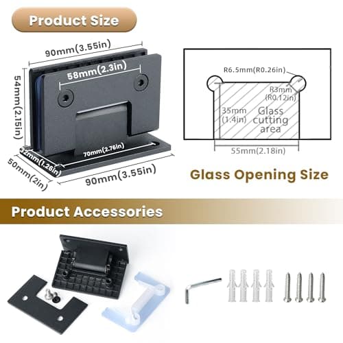 Alise Glass Shower Door Hinges, 90 Degree Hinges for Bathroom Doors,Heavy Duty Stainless Steel Cabinet Hinge Wall to Glass,Frameless Shower Doors Hardware Replacement Part,Black (1P) - Thumbnail 2