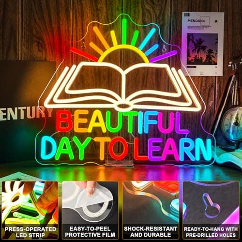 Beautiful Day Neon Sign To Learn Study Neon Signs for Classroom Wall Decor Rainbow LED Lights Up Classroom Bedroom in Reading Corner Decor Library LED Sign Study Office Gifts for Teens - Thumbnail 6