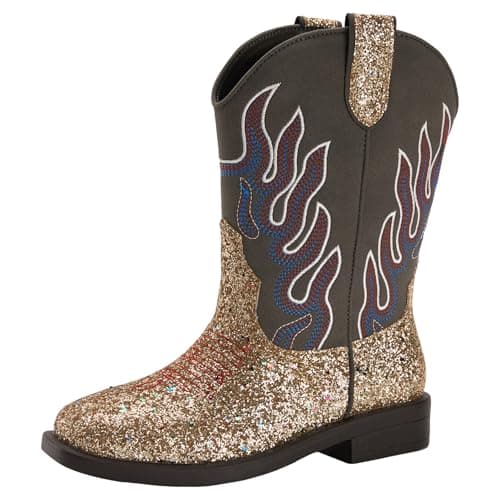 PATPAT Size 11 Gold Boys Cowboy Boots,Square Toe Mid Calf Embroidered Cowboy Boots for Little Kid Western Riding Shoes - Image 1