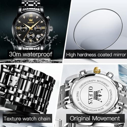 OLEVS Watch Men Black Watches for Men Luxury Analog Quartz Wrist Chronograph Dress Waterproof Mens Watches Big Face Moon Phase Business Fashion Metal Stainless Steel Reloj para Hombre Originales - Thumbnail 5