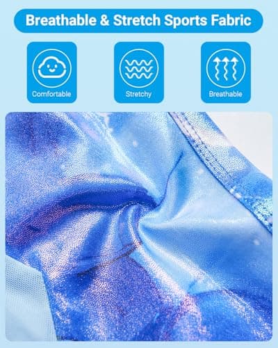 JiAmy Two Piece Gymnastics Leotards for Girls, Sleeveless Sparkly Dance Biketards with Shorts Ballet Tumbling Outfit Blue Marbled 8-9 Years - Thumbnail 4