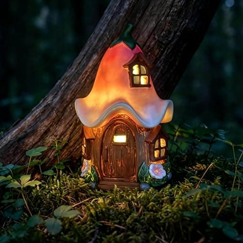 Solar Fairy Garden House, Whimsical Flower Cottage Fairy Figurines with Automatic Solar Lights, Hand-Painted Resin Garden Statue Unique Gift for Outdoor, Patio, Yard Art, Balcony, Porch Decor - Image 1