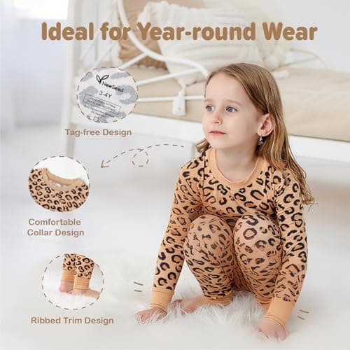 NewSeed So Soft Kids 2-Piece Viscose from Bamboo Outfit Set, Long Sleeve Top & Leggings, Cozy Base Layer for Boys & Girls (Leopard Print, 7-8Y) - Thumbnail 5