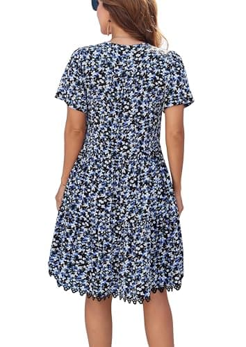 Women's V-Neck Button Down Casual Floral Midi Dress with Short Sleeve Lace Trim Hem Side Pockets (lacebian-190120-1,l) - Thumbnail 6