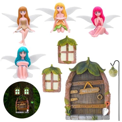 Glowing Miniature Fairy Garden Accessories, 4-Piece Miniature Fairy Figurines Glow in The Dark Fairy Door and Windows for Trees Set, Resin Light Up Sculpture Kit for Outdoor & Indoor Gardens - Image 1