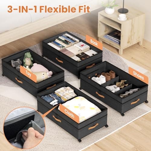 Mqaue Under Bed Storage with Wheels, 72L XXL Under the Bed Storage Containers Large, 10‘’ Tall Adjustable Storage for Underbed with Lids, Rolling for Shoes, Clothes, Blankets, Black - Thumbnail 5