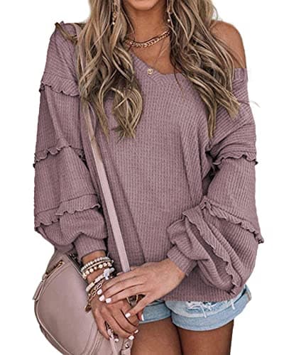 BTFBM Women’s V Neck Long Sleeve Blouse Loose Fit Tunics Ruffles Off Shoulder Waffle Knit Solid Color Tops Fall Tee Shirts（Solid Light Purple,Medium - Image 1