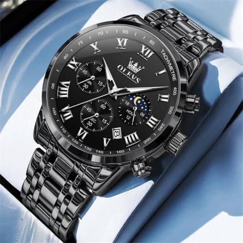 OLEVS Watch Men Luxury Black Watches for Men Dress Luminous Waterproof Analog Quartz Mens Watches with Date Fashion Stainless Steel Large Face Chronograph Moon Phase Classic Wrist Watch for Man - Thumbnail 3