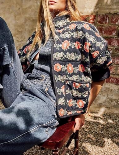 Wyeysyt Women's Cropped Puffer Jacket Lightweight Floral Print Long Sleeve Padded Quilted Puffy Cardigan Coat(Navy-03L) - Thumbnail 2