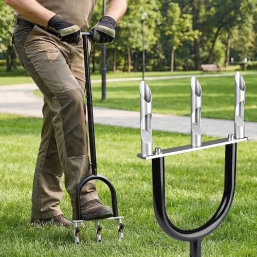 Manual Lawn Aerator Tool, 3 Hollow Tines Plug Lawn Core Aerator, Heavy Duty Hand Soil Aerator Tool with Adjustable Handle, Grass Aeration Garden Tools for Lawn Care, Compacted Soil, Yard - Image 1