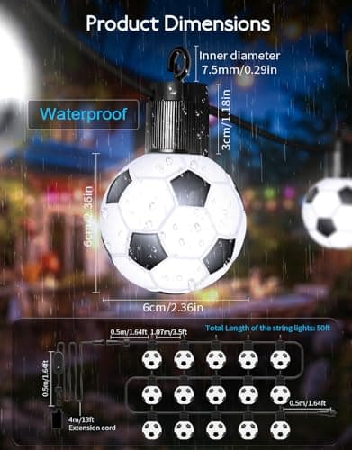 RainbowShow 2026 World Cup Smart Outdoor String Lights - 50ft 15 RGBW LED Bulbs 16 Million Colors App Control Soccer Ball Shaped Patio Lights - Thumbnail 4
