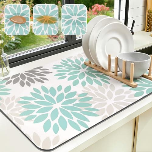 Findosom Floral Dish Drying Mat, 12" x 20" Super Absorbent & Hide Stain Coffee Mat, Cuttable Drying Mat for Kitchen Counter, Under Dish Rack, Coffee Maker, Espresso Machine, Teal - Image 1