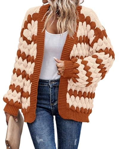 KIRUNDO Womens Sweaters Cardigan Lantern Sleeve Open Front Chunky Cardigan Loose Fashion Color Block Striped Sweater Plus Size Knitwear Halloween Cardigan(Orange, Medium) - Image 1