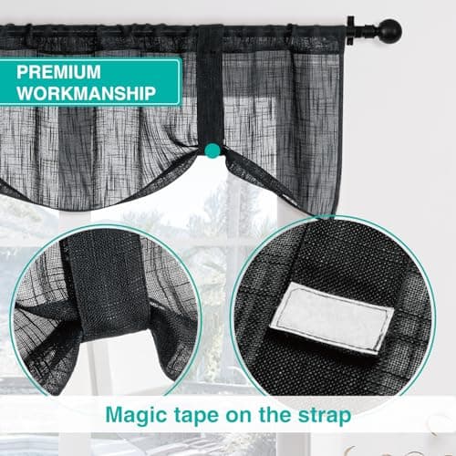 Home Queen Linen Look Tie Up Valance Curtain, Burlap Valences for Home Decoration, Length Adjustable Sheer Drape for Office and Bedroom, 4 Pieces, Black - Thumbnail 4