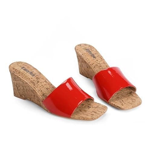 Easyfox Womens Wedge Sandals Red Heeled Sandals for Women Open Toe Slip on Wedge Heels Square Toe Womens Mules Summer Heeled Dress Sandal Size 7.5 - Thumbnail 6