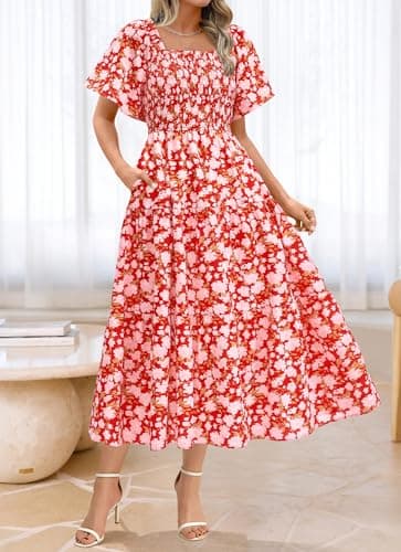 BTFBM Women's Clothing Wedding Guest Dresses Casual Boho Floral Short Sleeve Smocked Maxi Beach Spring Summer Dress 2026(Floral Red White, X-Large) - Thumbnail 3