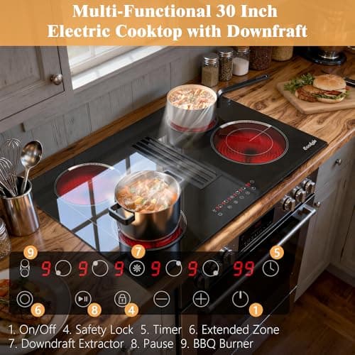 Cooksir 30 Inch Electric Cooktop with Ductless Downdraft - 4 Burner Built-in Stove 7400W, 30" Electric Stove Downdraft Range Hood 135W, Timer, Safety Lock, 220V Hard Wired, Recirculating Air Vent - Thumbnail 4